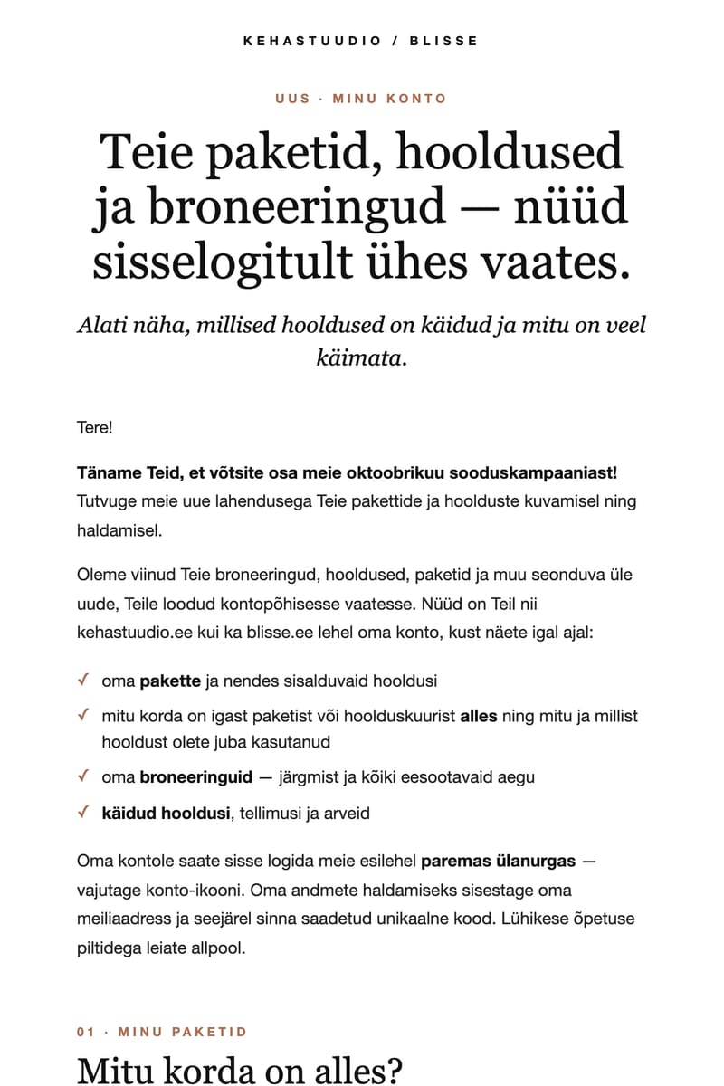 Infokirja algus: Teie paketid, hooldused ja broneeringud — nüüd sisselogitult ühes vaates