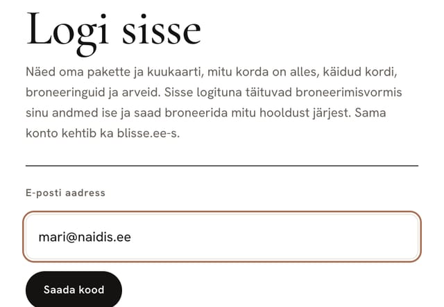 Sisselogimine: e-posti aadressi väli ja nupp „Saada kood“
